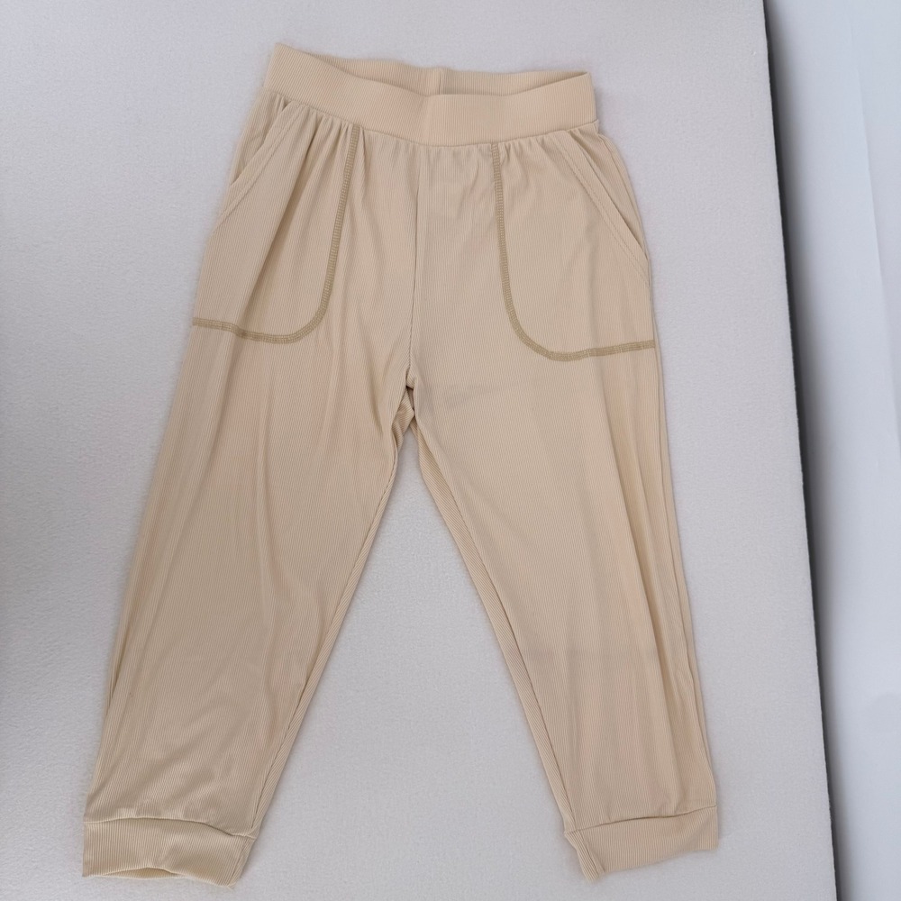 Real Essentials Womens Ribbed Knit Jogger Pants Beige Tan Lounge Pockets Size S